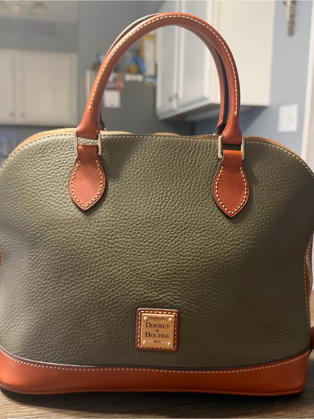 Dooney & Bourke Olive Green Leather Satchel with Tan Trim